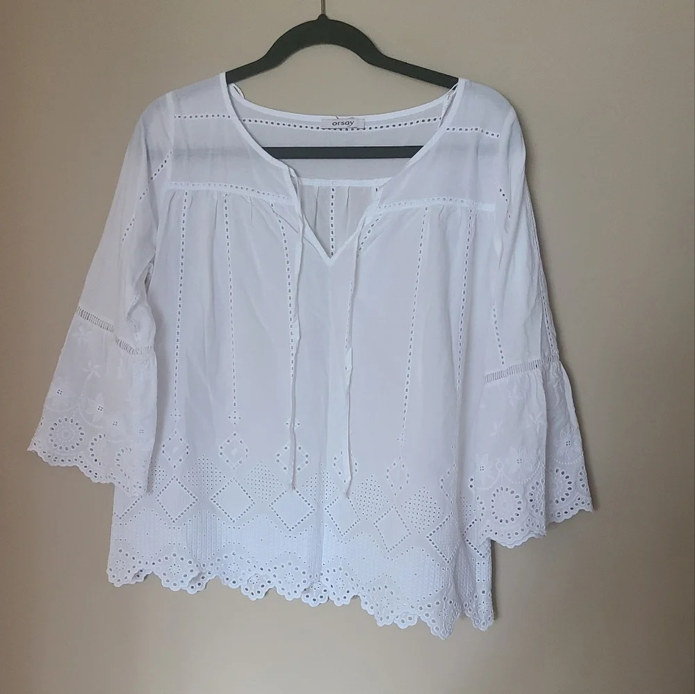 Orsay White Eyelet Embroidered Blouse Women's  sz.38/M